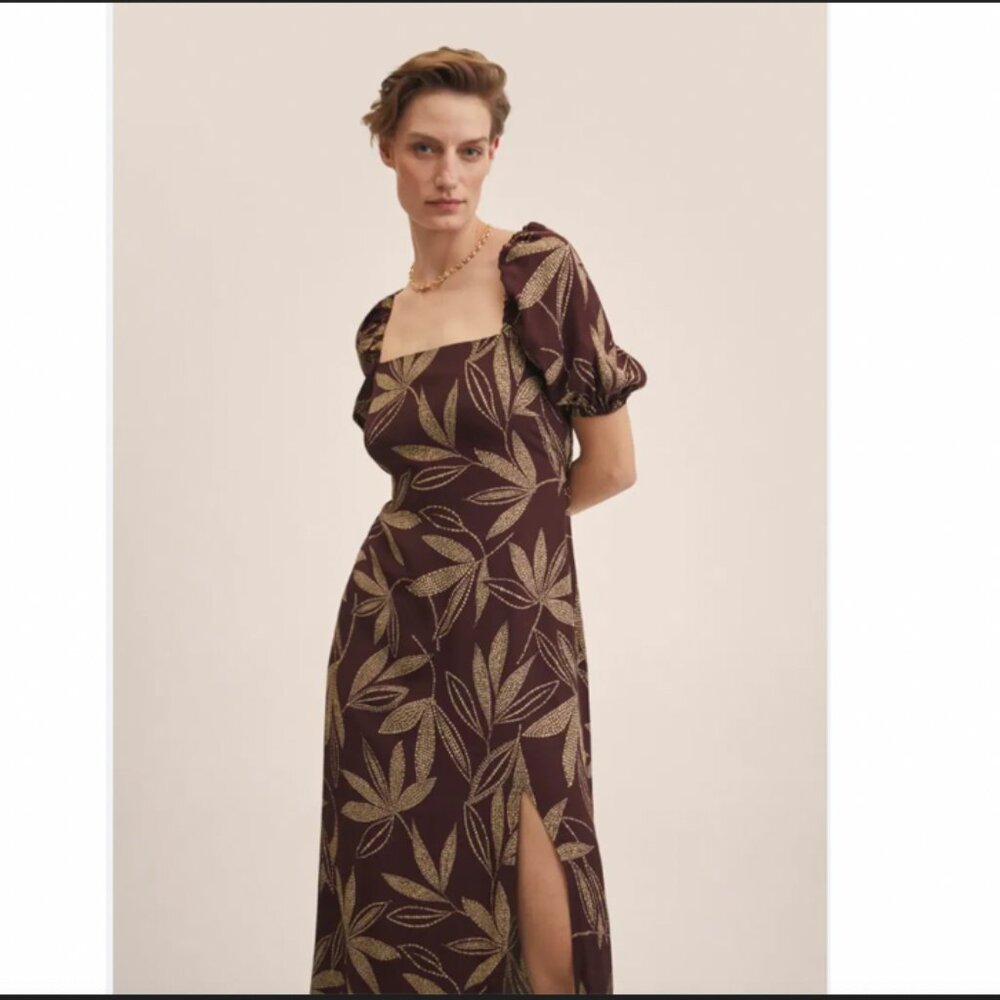 Mango Brown Puff Sleeve Midi Dress with Gold Leaf Print – Size XXL - Picture 8 of 11